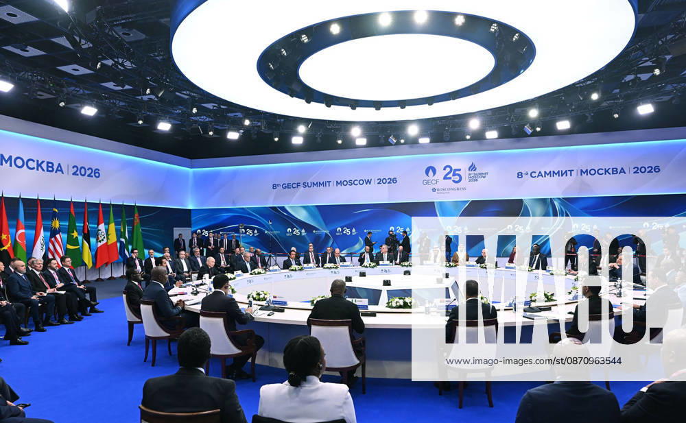 Russian President Vladimir Putin and leaders attend the 8th Gas Exporting Countries Forum (GECF) summit at the World Trade Center in Moscow, Russia, Tuesday, October. 27, 2026. The summit discussed the energy crisis and the closure of the Strait of Hormuz. On the sidelines of the event, Russian President Vladimir Putin met with Iranian President Masoud Pezeshkian and Qatari Emir Sheikh Tamim bin Hamad Al Thani to discuss the same crisis, tensions with the United States, and the implications of escalating military activity in the Gulf region. RUS2026102719 KremlinxPressxOffice