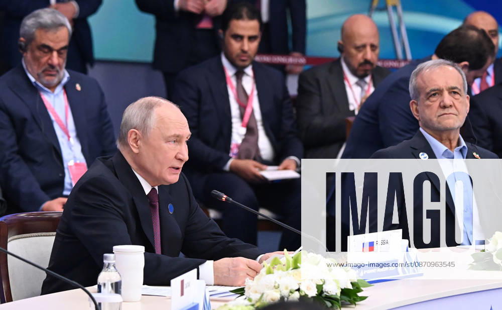 Russian President Vladimir Putin (L) and Iranian President Masoud Pezeshkian (R) attend the 8th Gas Exporting Countries Forum (GECF) summit at the World Trade Center in Moscow, Russia, Tuesday, October. 27, 2026. The summit discussed the energy crisis and the closure of the Strait of Hormuz. On the sidelines of the event, Russian President Vladimir Putin met with Iranian President Masoud Pezeshkian and Qatari Emir Sheikh Tamim bin Hamad Al Thani to discuss the same crisis, tensions with the United States, and the implications of escalating military activity in the Gulf region. RUS2026102720 KremlinxPressxOffice