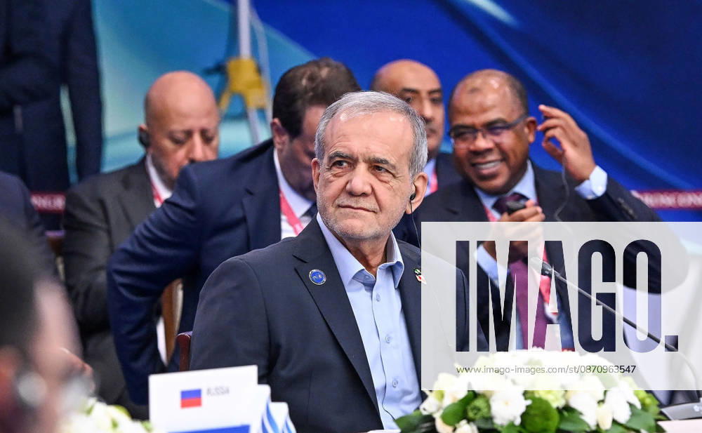 Iranian President Masoud Pezeshkian attends the 8th Gas Exporting Countries Forum (GECF) summit at the World Trade Center in Moscow, Russia, Tuesday, October. 27, 2026. The summit discussed the energy crisis and the closure of the Strait of Hormuz. On the sidelines of the event, Russian President Vladimir Putin met with Iranian President Masoud Pezeshkian and Qatari Emir Sheikh Tamim bin Hamad Al Thani to discuss the same crisis, tensions with the United States, and the implications of escalating military activity in the Gulf region. RUS2026102722 KremlinxPressxOffice
