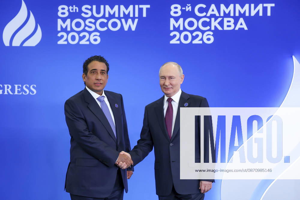 Moscow, Russian Federation: Russian President Vladimir Putin shakes hands with Libyan Presidential Council head Mohamed al-Menfi, left, during the official welcoming ceremony for the heads of delegations participating in the 8th summit of the Gas Exporting Countries Forum, October 27, 2026 in Moscow, Russia. Moscow Russian Federation - ZUMAp138 20261027_zaa_p138_019