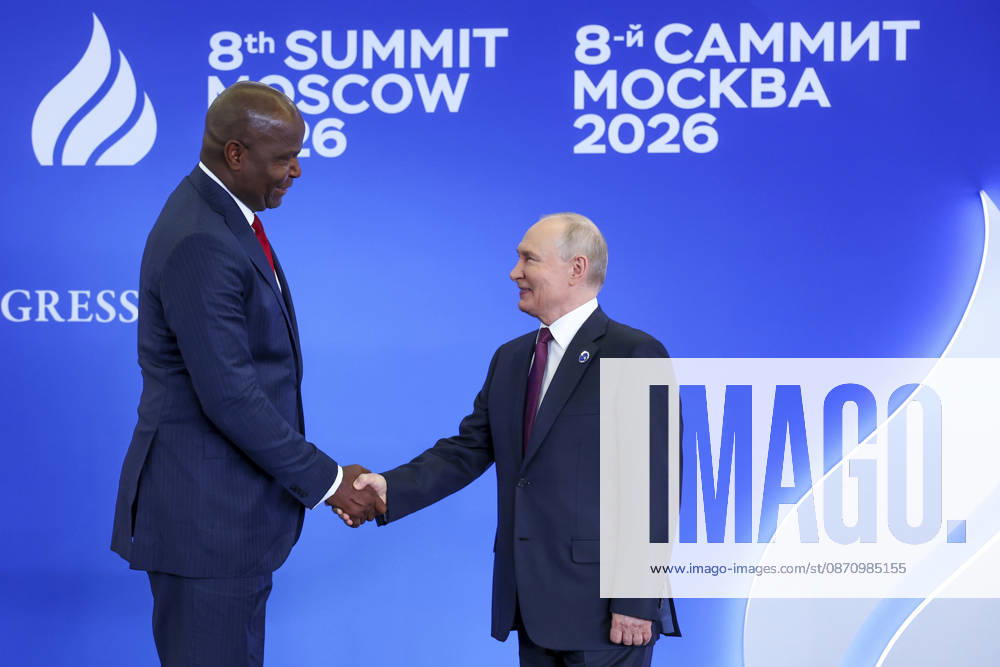 Moscow, Russian Federation: Russian President Vladimir Putin shakes hands with Mozambique President Daniel Chapo, left, during the official welcoming ceremony for the heads of delegations participating in the 8th summit of the Gas Exporting Countries Forum, October 27, 2026 in Moscow, Russia. Moscow Russian Federation - ZUMAp138 20261027_zaa_p138_009