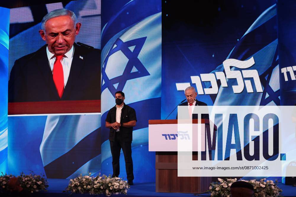 WEST JERUSALEM, OCTOBER 28, 2026: Israeli Prime Minister and Likud party leader Benjamin Netanyahu addresses supporters at the partyâ€⠢s election headquarters in West Jerusalem following the release of exit polls and preliminary results from Israelâ€⠢s parliamentary elections held on October 27. West Jerusalem Israel - ZUMAq101 20261028_zna_q101_020