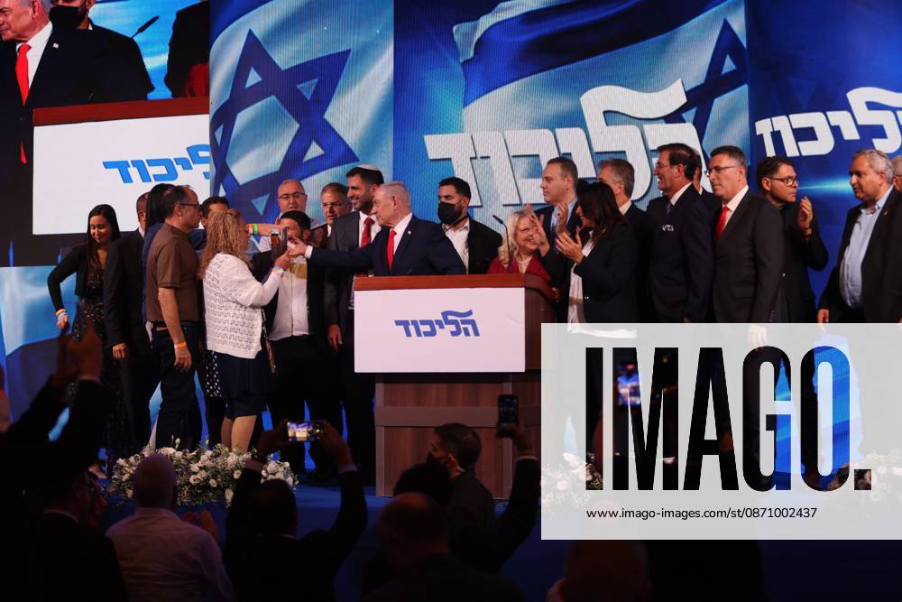 WEST JERUSALEM, OCTOBER 28, 2026: Israeli Prime Minister and Likud party leader Benjamin Netanyahu addresses supporters at the partyâ€⠢s election headquarters in West Jerusalem following the release of exit polls and preliminary results from Israelâ€⠢s parliamentary elections held on October 27. West Jerusalem Israel - ZUMAq101 20261028_zna_q101_021