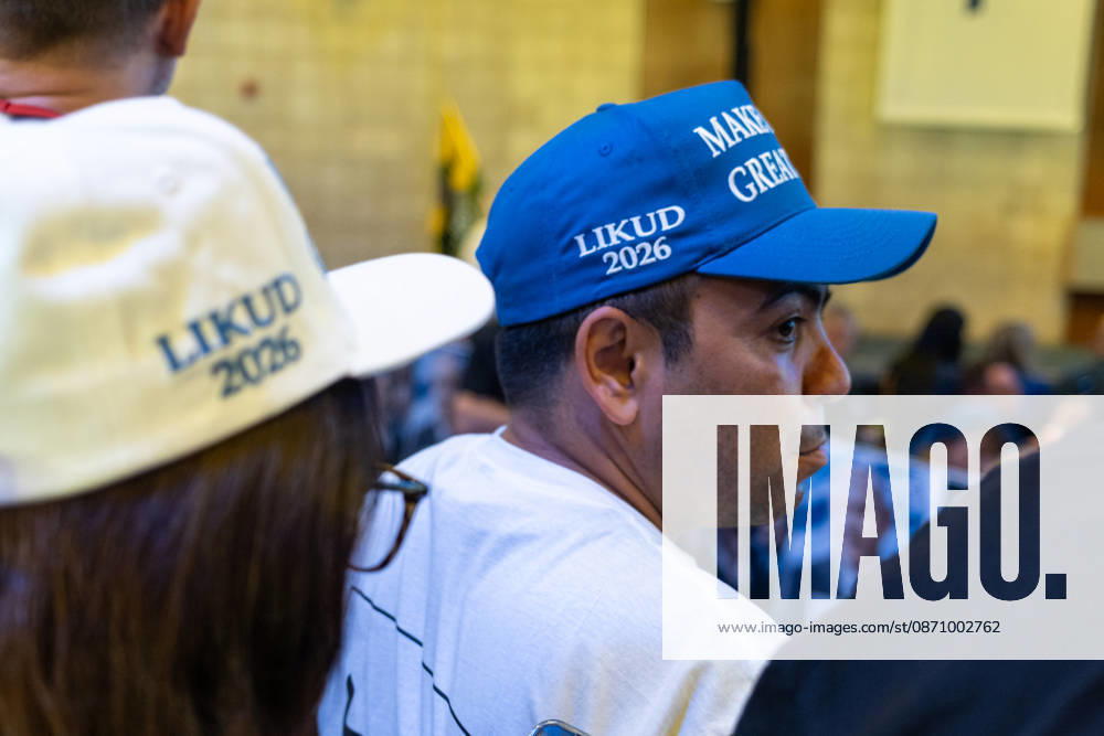 Israel, Jerusalem, October 27–28, 2026: Scenes from the election rally of the Likud Party led by incumbent Prime Minister Benjamin Netanyahu. There was a long wait for Bibi to appear; he didn’t take the stage until around 3:15 a.m. Baseball caps bearing the slogan Make Israel Great Again were handed out at the event.