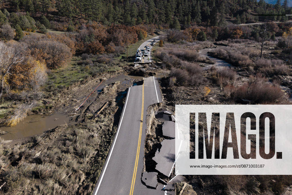 A collapsed section of Colorado 151 as seen on Oct. 27, 2026, between Pagosa Springs and Ignacio. Recent heavy rains have caused severe flooding across southwestern Colorado, forcing evacuations and damaging roads and homes. Pagosa Springs USA - ZUMAc262 20261027_znn_c262_002
