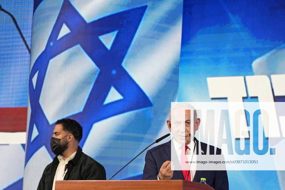 General election in Israel Israeli Prime Minister and Likud party leader Benjamin Netanyahu (R) makes a speech following the release of exit poll results for Israel s general election in Jerusalem on Oct. 28, 2026. A14AA0005631972P