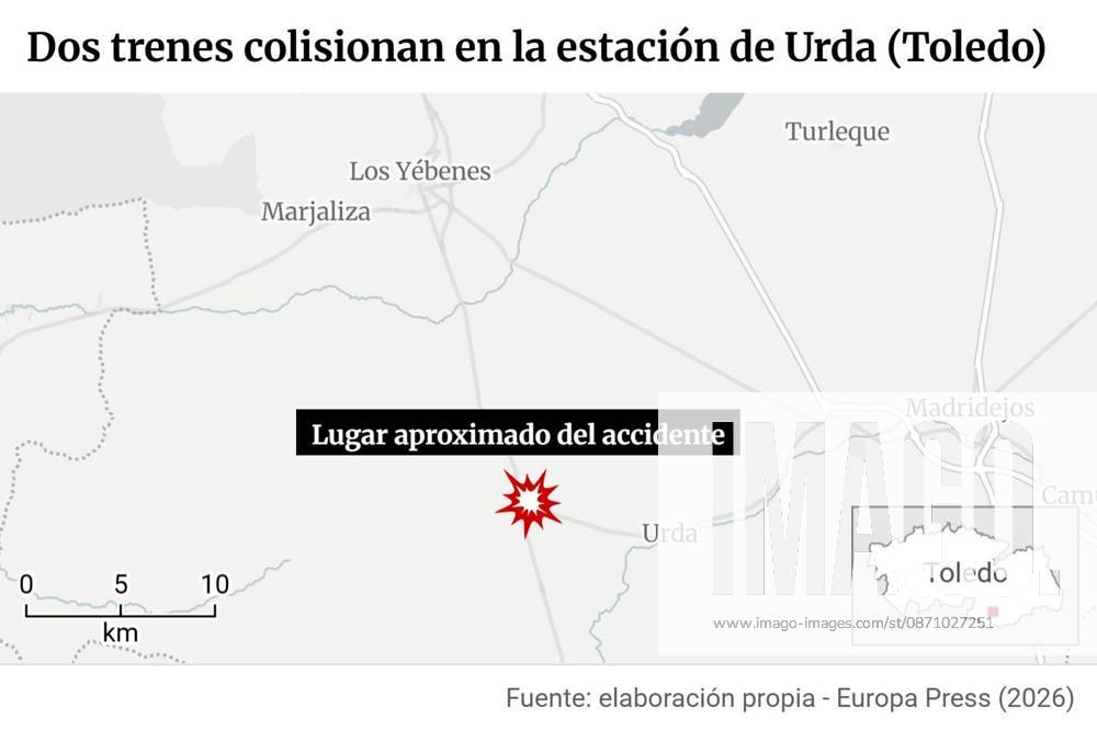 Two Trains Collide at Urda Toledo Station Map showing the location of the accident at Urda Toledo Station Two trains collided Wednesday morning at the station in the Toledo town of Urda. According to sources from the 112 Emergency Service speaking to Europa Press, the incident occurred at 8:54 a.m. OCTOBER 28, 2026 EPDATA INFOGRAPHIC DATA SOCIETY Europa Press 10 28 2026 Toledo Toledo Spain