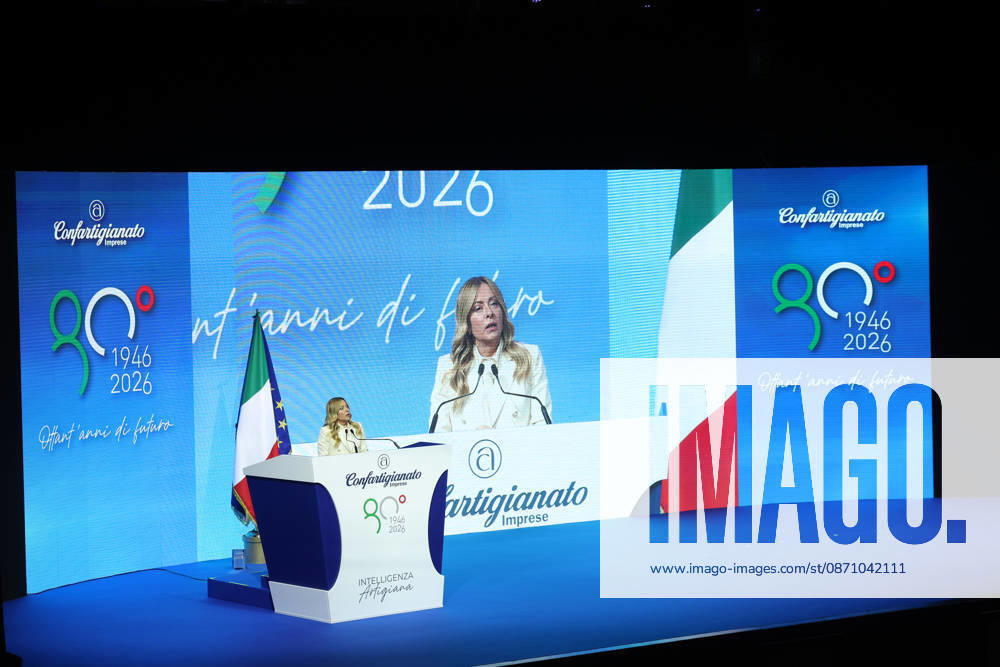 IPA90274991 - Rome, Italy October 28, 2026 Prime Minister Giorgia Meloni attends the conference marking the 80th anniversary of Confartigianato Imprese at the Auditorium Conciliazione in Rome