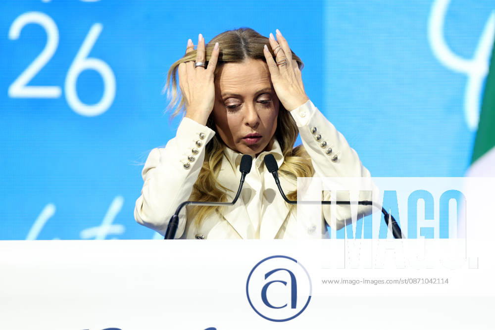 IPA90275003 - Rome, Italy October 28, 2026 Prime Minister Giorgia Meloni attends the conference marking the 80th anniversary of Confartigianato Imprese at the Auditorium Conciliazione in Rome