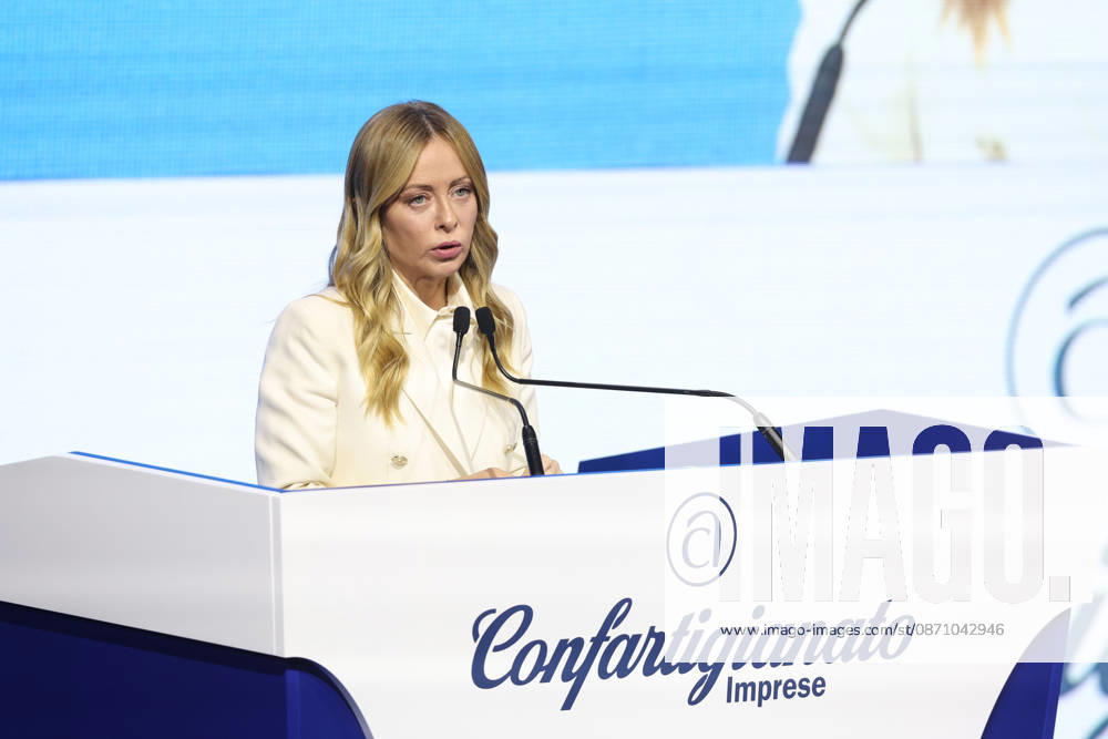 IPA90275026 - Rome, Italy October 28, 2026 Prime Minister Giorgia Meloni attends the conference marking the 80th anniversary of Confartigianato Imprese at the Auditorium Conciliazione in Rome