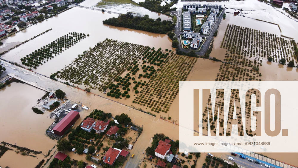 Heavy rainfall causes flooding in Mugla, Turkiye MUGLA, TURKIYE - OCTOBER 28: An aerial view of flooded residential areas and agricultural fields after heavy rainfall caused the Tersakan Stream to overflow in Dalaman district of Mugla, Turkiye, on October 28, 2026. Floodwaters inundated homes, businesses and farmland, while some roads were closed to traffic. Durmus Genc Anadolu Mugla Turkey. Editorial use only. Please get in touch for any other usage.