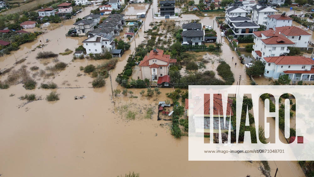 Heavy rainfall causes flooding in Mugla, Turkiye MUGLA, TURKIYE - OCTOBER 28: An aerial view of flooded residential areas and agricultural fields after heavy rainfall caused the Tersakan Stream to overflow in Dalaman district of Mugla, Turkiye, on October 28, 2026. Floodwaters inundated homes, businesses and farmland, while some roads were closed to traffic. Durmus Genc Anadolu Mugla Turkey. Editorial use only. Please get in touch for any other usage.