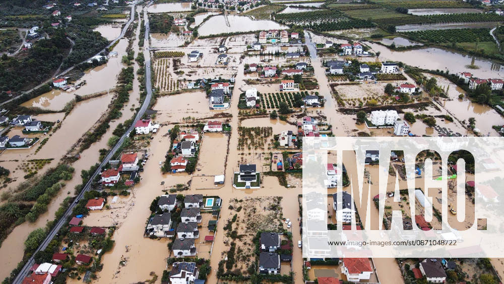 Heavy rainfall causes flooding in Mugla, Turkiye MUGLA, TURKIYE - OCTOBER 28: An aerial view of flooded residential areas and agricultural fields after heavy rainfall caused the Tersakan Stream to overflow in Dalaman district of Mugla, Turkiye, on October 28, 2026. Floodwaters inundated homes, businesses and farmland, while some roads were closed to traffic. Durmus Genc Anadolu Mugla Turkey. Editorial use only. Please get in touch for any other usage.