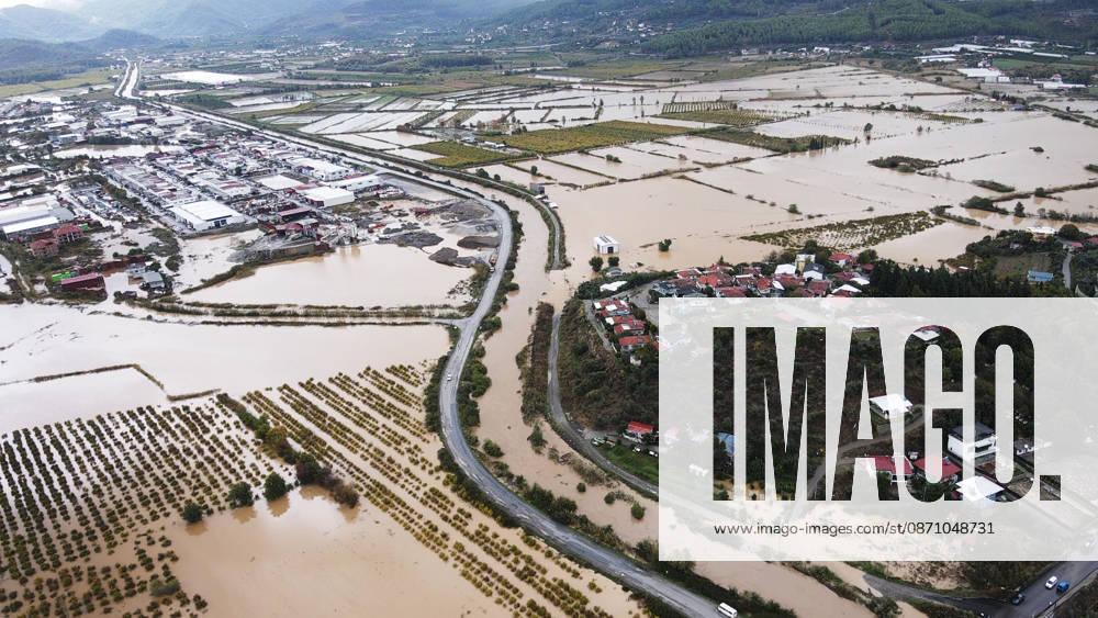 Heavy rainfall causes flooding in Mugla, Turkiye MUGLA, TURKIYE - OCTOBER 28: An aerial view of flooded residential areas and agricultural fields after heavy rainfall caused the Tersakan Stream to overflow in Dalaman district of Mugla, Turkiye, on October 28, 2026. Floodwaters inundated homes, businesses and farmland, while some roads were closed to traffic. Durmus Genc Anadolu Mugla Turkey. Editorial use only. Please get in touch for any other usage.