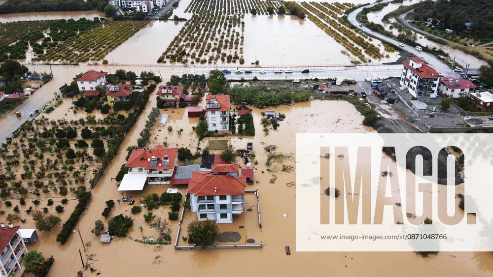 Heavy rainfall causes flooding in Mugla, Turkiye MUGLA, TURKIYE - OCTOBER 28: An aerial view of flooded residential areas and agricultural fields after heavy rainfall caused the Tersakan Stream to overflow in Dalaman district of Mugla, Turkiye, on October 28, 2026. Floodwaters inundated homes, businesses and farmland, while some roads were closed to traffic. Durmus Genc Anadolu Mugla Turkey. Editorial use only. Please get in touch for any other usage.