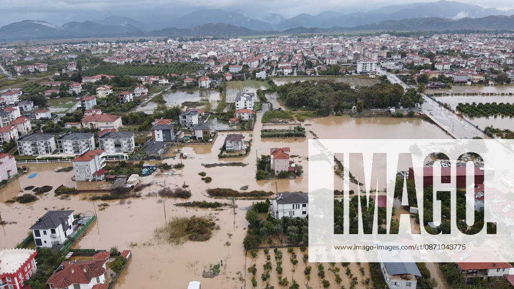 Heavy rainfall causes flooding in Mugla, Turkiye MUGLA, TURKIYE - OCTOBER 28: An aerial view of flooded residential areas and agricultural fields after heavy rainfall caused the Tersakan Stream to overflow in Dalaman district of Mugla, Turkiye, on October 28, 2026. Floodwaters inundated homes, businesses and farmland, while some roads were closed to traffic. Durmus Genc Anadolu Mugla Turkey. Editorial use only. Please get in touch for any other usage.