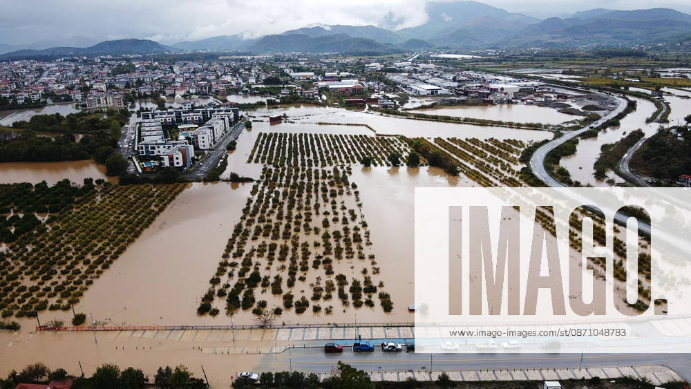 Heavy rainfall causes flooding in Mugla, Turkiye MUGLA, TURKIYE - OCTOBER 28: An aerial view of flooded residential areas and agricultural fields after heavy rainfall caused the Tersakan Stream to overflow in Dalaman district of Mugla, Turkiye, on October 28, 2026. Floodwaters inundated homes, businesses and farmland, while some roads were closed to traffic. Durmus Genc Anadolu Mugla Turkey. Editorial use only. Please get in touch for any other usage.