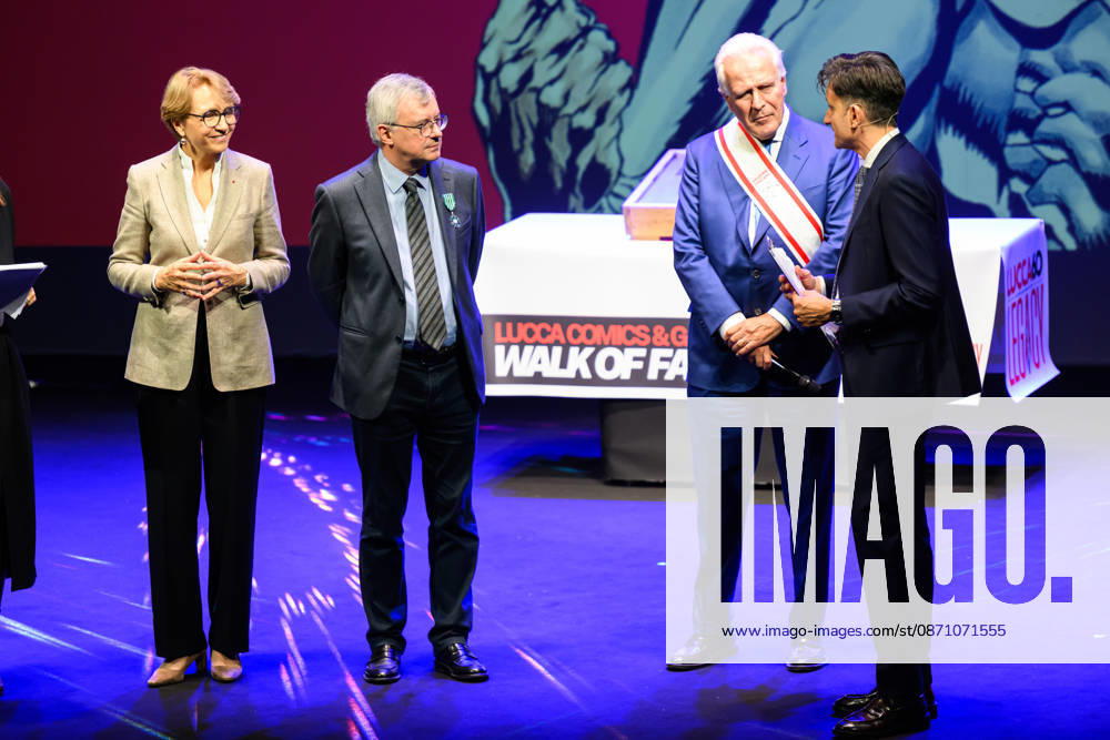 French Ambassador to Italy Anne Marie Descotes was present to present an important award to Professor Alessandro Barbero during the inauguration of the 60th edition of Lucca Comics & Games with Eugenio Giani, President of the Tuscany Region, and Emanuele Vietina, Director of Lucca Comics & Games, Lucca, 28 10 2026 Lucca Italy - ZUMAa289 20261028_zia_a289_110