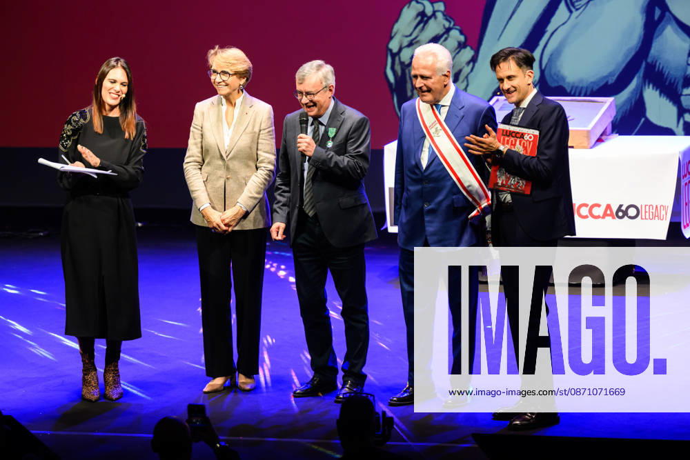 French Ambassador to Italy Anne Marie Descotes was present to present an important award to Professor Alessandro Barbero during the inauguration of the 60th edition of Lucca Comics & Games with Eugenio Giani, President of the Tuscany Region, and Emanuele Vietina, Director of Lucca Comics & Games, Lucca, 28 10 2026 Lucca Italy - ZUMAa289 20261028_zia_a289_111