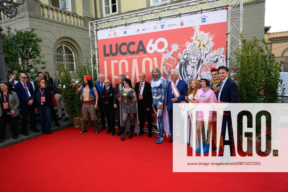 Marcello Pierucci, Mario Pardini, Claudio Castellini, Eugenio Giani, and Emanuele Vietina, among the characters drawn by cartoonist Claudio Castellini, during the inauguration of Lucca Comics & Games, Lucca, October 28, 2026 Lucca Italy - ZUMAa289 20261028_zia_a289_119
