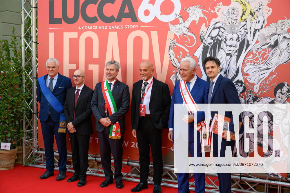 Marcello Pierucci, President of the Province of Lucca, Nicola Lucchesi, sole director of Lucca Crea, Mario Pardini, Mayor of Lucca, Claudio Castellini, author of the Lucca Comics & Games 2026 poster, Eugenio Giani, President of the Tuscany Region, Emanuele Vietina, director of Lucca Comics & Games during the inauguration of Lucca Comics & Games, Lucca, October 28, 2026 Lucca Italy - ZUMAa289 20261028_zia_a289_120