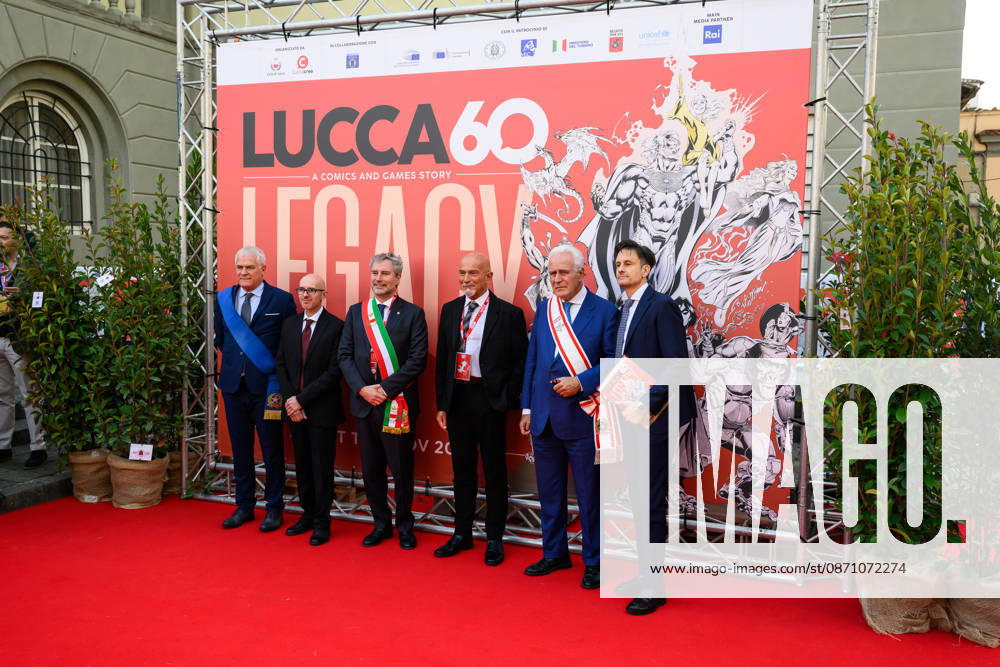 Marcello Pierucci, President of the Province of Lucca, Nicola Lucchesi, sole director of Lucca Crea, Mario Pardini, Mayor of Lucca, Claudio Castellini, author of the Lucca Comics & Games 2026 poster, Eugenio Giani, President of the Tuscany Region, Emanuele Vietina, director of Lucca Comics & Games during the inauguration of Lucca Comics & Games, Lucca, October 28, 2026 Lucca Italy - ZUMAa289 20261028_zia_a289_121