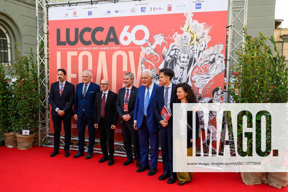 The authorities during the inauguration of Lucca Comics & Games, including Marcello Pierucci, President of the Province of Lucca, Nicola Lucchesi, sole director of Lucca Crea, Mario Pardini, Mayor of Lucca, Claudio Castellini, author of the Lucca Comics & Games 2026 poster, Eugenio Giani, President of the Tuscany Region, and Emanuele Vietina, director of Lucca Comics & Games, Lucca, 28 10 2026 Lucca Italy - ZUMAa289 20261028_zia_a289_141
