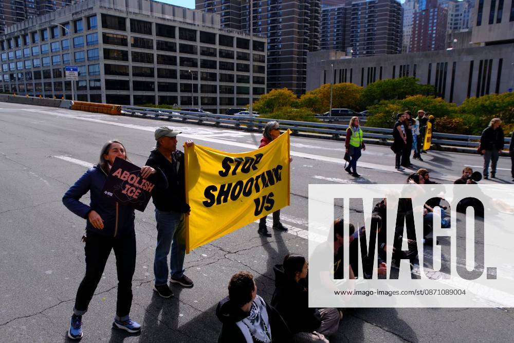 NEW YORK, NY- OCTOBER 28: 13 activists were arrested on the Brooklyn Bridge to demand I.C.E stop shooting New Yorkers on October 28, 2026 in New York City.