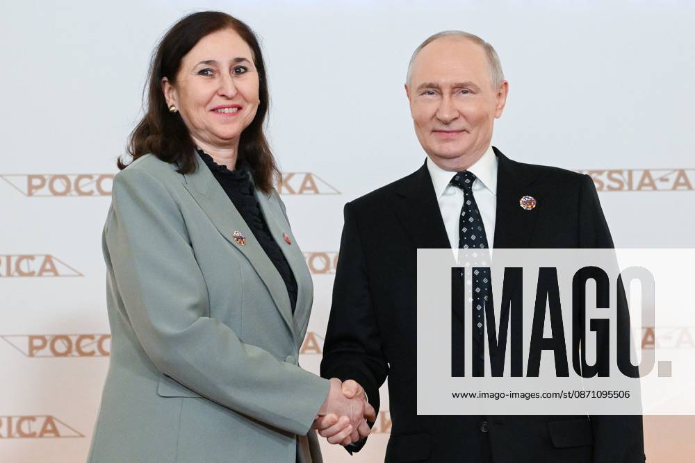 President Vladimir Putin officially greets heads of delegation at Russia-Africa Summit 9276202 28.10.2026 President Vladimir Putin during an official greeting ceremony for heads of delegation at the 3rd Russia-Africa Summit. Left: Prime Minister of Tunisia Sara Zaafarani. Alexandr Kryazhev Sputnik Crediting the source in the following order photographer s name Russia-Africa Summit and Economic and Humanitarian forum host ÑÄhoto agency is mandatory when using the photo Moscow Russia