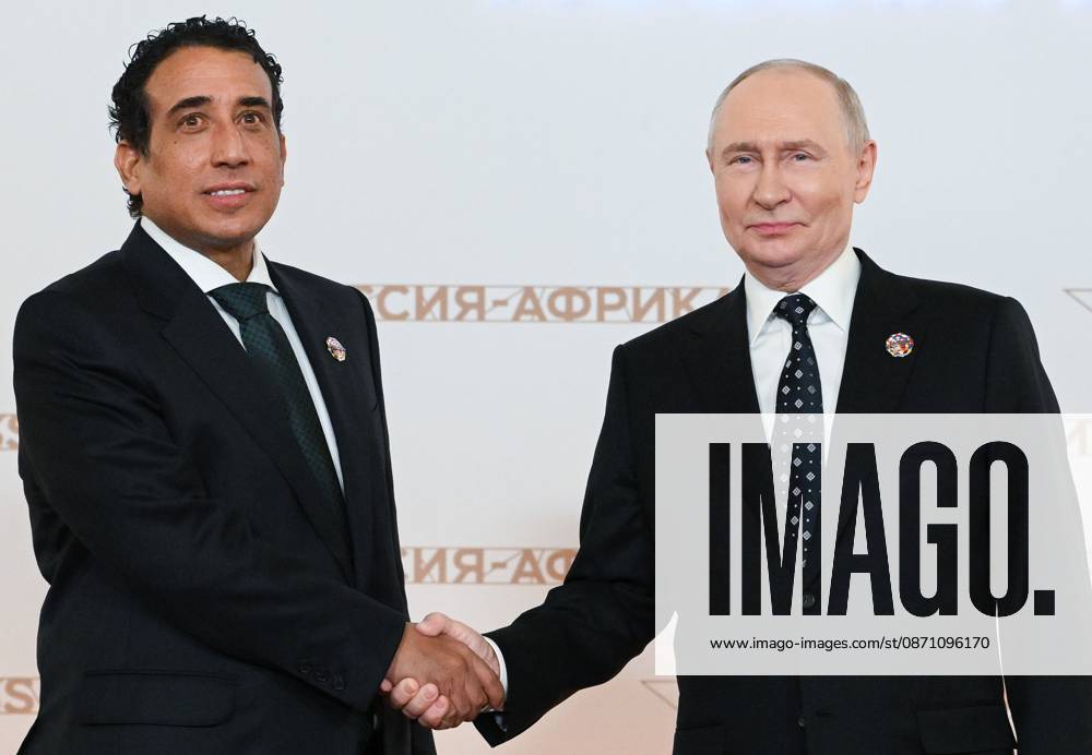 President Vladimir Putin officially greets heads of delegation at Russia-Africa Summit 9276247 28.10.2026 President Vladimir Putin during an official greeting ceremony for heads of delegation at the 3rd Russia-Africa Summit. Left: Chairman of the Presidential Council of Libya Mohamed al-Menfi. Alexandr Kryazhev Sputnik Crediting the source in the following order photographer s name Russia-Africa Summit and Economic and Humanitarian forum host ÑÄhoto agency is mandatory when using the photo Moscow Russia