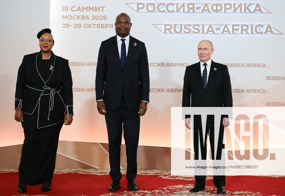 President Vladimir Putin officially greets heads of delegation at Russia-Africa Summit 9276262 28.10.2026 President Vladimir Putin during an official greeting ceremony for heads of delegation at the 3rd Russia-Africa Summit. Center: President of Mozambique Daniel Chapo and his wife, Gueta Selemane Chapo. Alexandr Kryazhev Sputnik Crediting the source in the following order photographer s name Russia-Africa Summit and Economic and Humanitarian forum host ÑÄhoto agency is mandatory when using the photo Moscow Russia