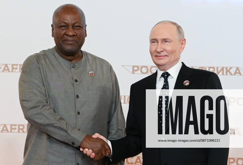 President Vladimir Putin officially greets heads of delegation at Russia-Africa Summit 9276253 28.10.2026 President Vladimir Putin during an official greeting ceremony for heads of delegation at the 3rd Russia-Africa Summit. Left: President of Ghana John Dramani Mahama. Alexandr Kryazhev Sputnik Crediting the source in the following order photographer s name Russia-Africa Summit and Economic and Humanitarian forum host ÑÄhoto agency is mandatory when using the photo Moscow Russia