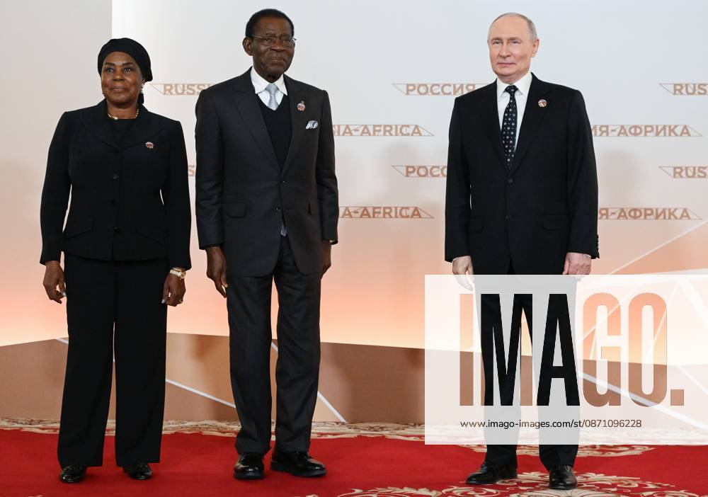 President Vladimir Putin officially greets heads of delegation at Russia-Africa Summit 9276265 28.10.2026 President Vladimir Putin during an official greeting ceremony for heads of delegation at the 3rd Russia-Africa Summit. Center: President of Equatorial Guinea Teodoro Obiang Nguema Mbasogo and his wife, Constancia Mangue Nsue Okomo. Alexandr Kryazhev Sputnik Crediting the source in the following order photographer s name Russia-Africa Summit and Economic and Humanitarian forum host ÑÄhoto agency is mandatory when using the photo Moscow Russia