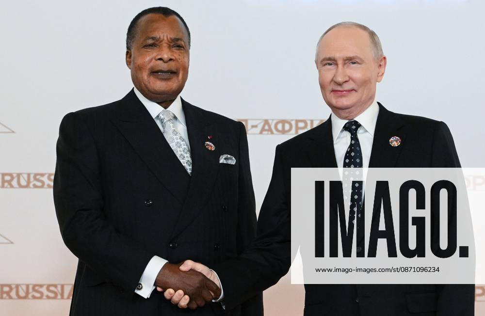 President Vladimir Putin officially greets heads of delegation at Russia-Africa Summit 9276267 28.10.2026 President Vladimir Putin during an official greeting ceremony for heads of delegation at the 3rd Russia-Africa Summit. Left: President of the Republic of the Congo Denis Sassou Nguesso. Alexandr Kryazhev Sputnik Crediting the source in the following order photographer s name Russia-Africa Summit and Economic and Humanitarian forum host ÑÄhoto agency is mandatory when using the photo Moscow Russia