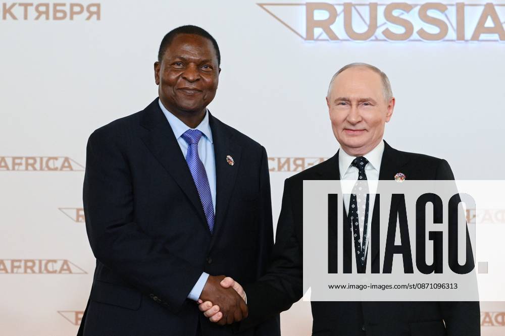 President Vladimir Putin officially greets heads of delegation at Russia-Africa Summit 9276292 28.10.2026 President Vladimir Putin during an official greeting ceremony for heads of delegation at the 3rd Russia-Africa Summit. Left: President of the Central African Republic is Faustin-Archange Touadera. Alexandr Kryazhev Sputnik Crediting the source in the following order photographer s name Russia-Africa Summit and Economic and Humanitarian forum host ÑÄhoto agency is mandatory when using the photo Moscow Russia