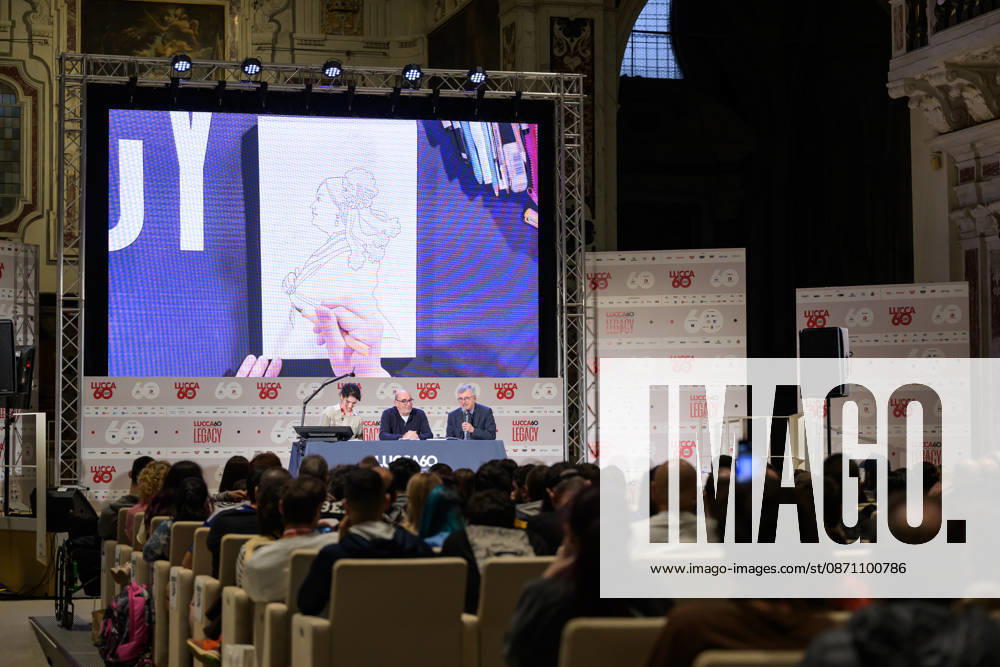 Alessandro Barbero, alongside co-authors Davide Savelli and Iris Biasio, presents Garribaldi. The British Tour, his first comic book published by Rizzoli Lizard, at the 60th edition of Lucca Comics & Games, Lucca, October 28, 2026. Lucca Italy - ZUMAa289 20261028_zia_a289_258