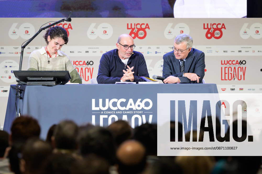 Alessandro Barbero, alongside co-authors Davide Savelli and Iris Biasio, presents Garribaldi. The British Tour, his first comic book published by Rizzoli Lizard, at the 60th edition of Lucca Comics & Games, Lucca, October 28, 2026. Lucca Italy - ZUMAa289 20261028_zia_a289_260