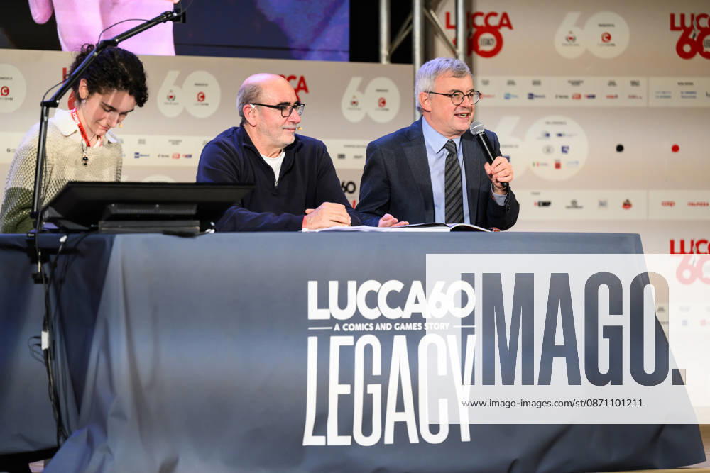 Alessandro Barbero, alongside co-authors Davide Savelli and Iris Biasio, presents Garribaldi. The British Tour, his first comic book published by Rizzoli Lizard, at the 60th edition of Lucca Comics & Games, Lucca, October 28, 2026. Lucca Italy - ZUMAa289 20261028_zia_a289_262