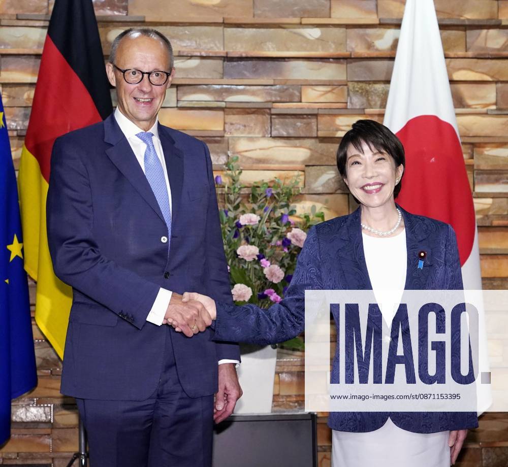 Japan-Germany leaders talks Japanese Prime Minister Sanae Takaichi (R) and German Chancellor Friedrich Merz shake hands ahead of their talks at the prime minister s office in Tokyo on Oct. 28, 2026. A14AA0005632053P