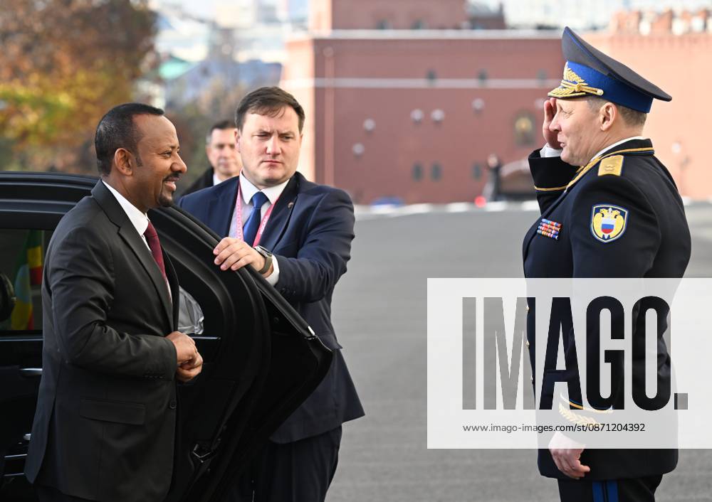 Russia-Africa Economic and Humanitarian Forum MOSCOW, RUSSIA - OCTOBER 29: (---- - MANDATORY CREDIT - MAKSIM BLINOV RUSSIA-AFRICA SUMMIT AND ECONOMIC AND HUMANITARIAN FORUM HOST PHOTO AGENCY HANDOUT - NO MARKETING NO ADVERTISING CAMPAIGNS - DISTRIBUTED AS A SERVICE TO CLIENTS----) Ethiopian Prime Minister Abiy Ahmed Ali (L) is greeted by Commandant of the Moscow Kremlin Lieutenant General Sergei Udovenko (R) upon his arrival at the Kremlin to attend a plenary session and a group photo of participants in the 3rd Russia-Africa Summit and Forum in Moscow, Russia, on October 29, 2026. Maksim Blinov Russia-Africa Summit and Economic and Humanitarian Forum Host Photo Agency Anadolu Moscow Russia. Editorial use only. Plea