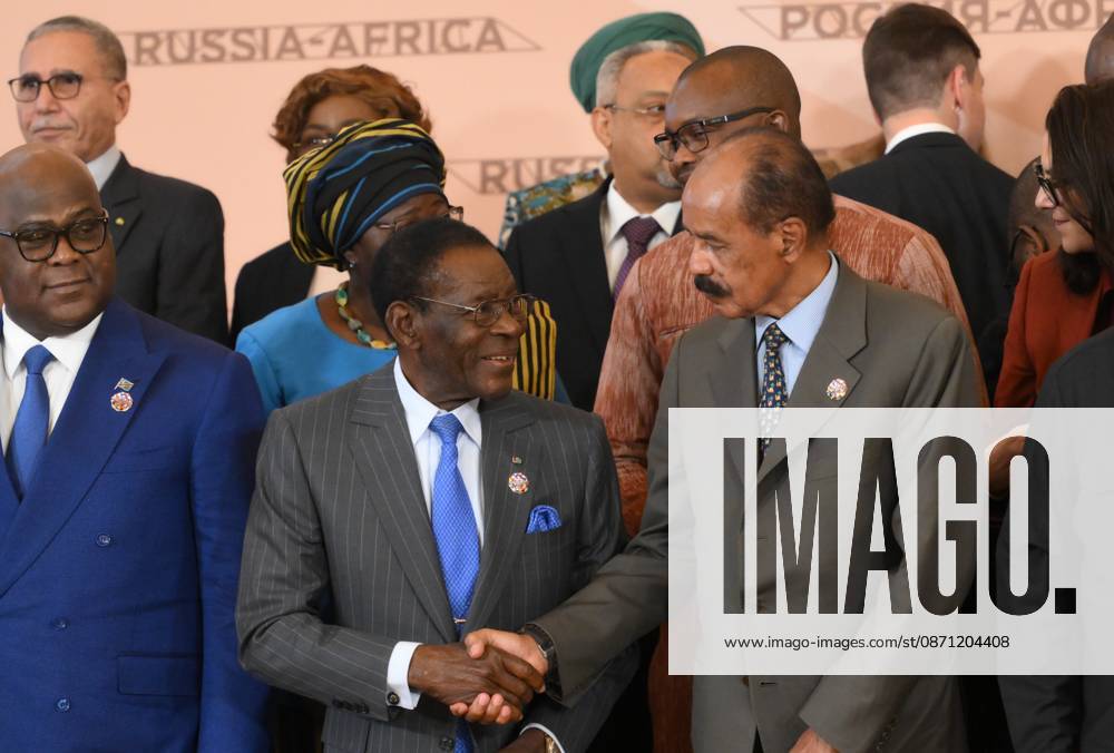 Russia-Africa Economic and Humanitarian Forum MOSCOW, RUSSIA - OCTOBER 29: (---- - MANDATORY CREDIT - GRIGORY SYSOEV RUSSIA-AFRICA SUMMIT AND ECONOMIC AND HUMANITARIAN FORUM HOST PHOTO AGENCY HANDOUT - NO MARKETING NO ADVERTISING CAMPAIGNS - DISTRIBUTED AS A SERVICE TO CLIENTS----) Equatorial Guinean President Teodoro Obiang Nguema Mbasogo and Eritrean President Isaias Afwerki are seen in the foreground during a group photo session with participants of the 3rd Russia-Africa Summit and Forum at the Kremlin in Moscow, Russia, on October 29, 2026. Grigory Sysoev Russia-Africa Summit and Economic and Humanitarian Forum Host Photo Agency Anadolu Moscow Russia. Editorial use only. Please get in touch for any other usage.