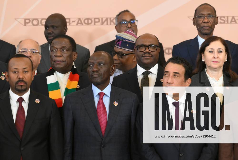 Russia-Africa Economic and Humanitarian Forum MOSCOW, RUSSIA - OCTOBER 29: (---- - MANDATORY CREDIT - GRIGORY SYSOEV RUSSIA-AFRICA SUMMIT AND ECONOMIC AND HUMANITARIAN FORUM HOST PHOTO AGENCY HANDOUT - NO MARKETING NO ADVERTISING CAMPAIGNS - DISTRIBUTED AS A SERVICE TO CLIENTS----) Kenyan President William Ruto (C) and Chairman of Libya s Presidential Council Mohamed al-Menfi (R) attend a group photo session with participants of the 3rd Russia-Africa Summit and Forum at the Kremlin in Moscow, Russia, on October 29, 2026. Grigory Sysoev Russia-Africa Summit and Economic and Humanitarian Forum Host Photo Agency Anadolu Moscow Russia. Editorial use only. Please get in touch for any other usage.