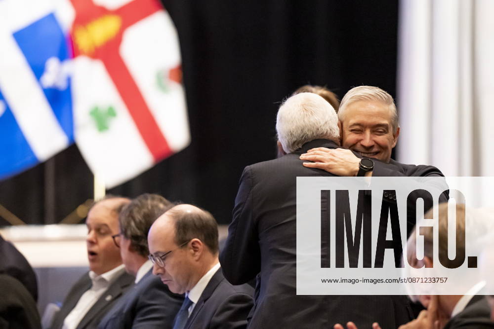 Minister of Finance Francois-Philippe Champagne, right, hugs President of the European Council Antonio Costa at a luncheon ahead of the Canada-EU Summit, in Montreal, on Thursday, Oct. 29, 2026. Montreal CANADA - ZUMAc35_ 20261029_zaf_c35_037