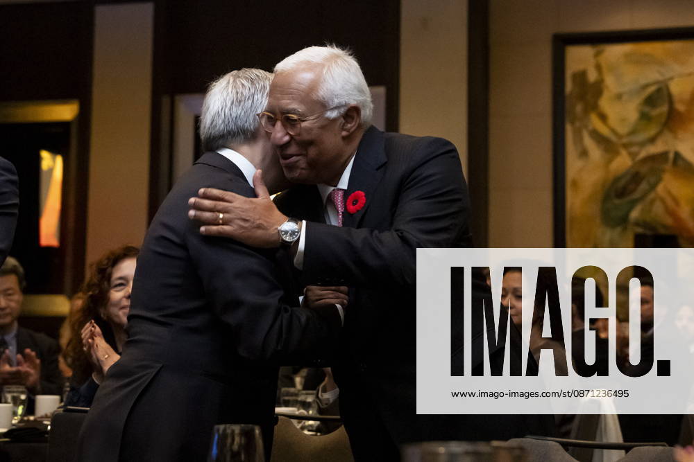 Minister of Finance Francois-Philippe Champagne, left, hugs President of the European Council Antonio Costa at a luncheon ahead of the Canada-EU Summit, in Montreal, on Thursday, Oct. 29, 2026. Montreal CANADA - ZUMAc35_ 20261029_zaf_c35_046