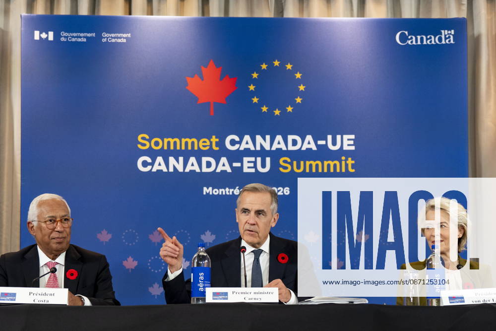 Prime Minister Mark Carney, centre, gives remarks alongside, President of the European Council, Antonio Costa, left, and President of the European Commission, Ursula von der Leyen, at a roundtable with business leaders during the Canada-EU Summit, in Montreal, on Thursday, Oct. 29, 2026. Montreal CANADA - ZUMAc35_ 20261029_zaf_c35_097