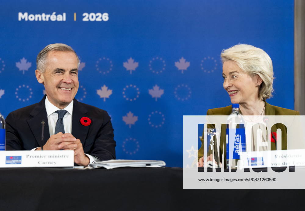 President of the European Commission Ursula von der Leyen, right, gives remarks alongside Prime Minister Mark Carney at a roundtable with business leaders during the Canada-EU Summit, in Montreal, on Thursday, Oct. 29, 2026. Montreal CANADA - ZUMAc35_ 20261029_zaf_c35_121
