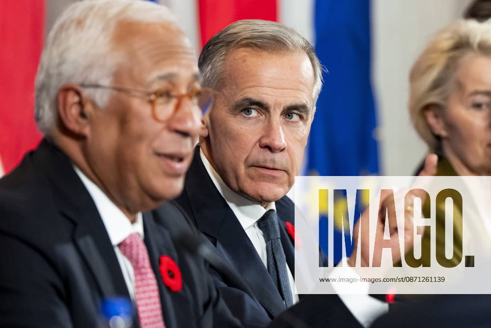 Prime Minister Mark Carney, right, looks on as President of the European Council Antonio Costa, gives remarks at a roundtable with business leaders during the Canada-EU Summit, in Montreal, on Thursday, Oct. 29, 2026. Montreal CANADA - ZUMAc35_ 20261029_zaf_c35_122