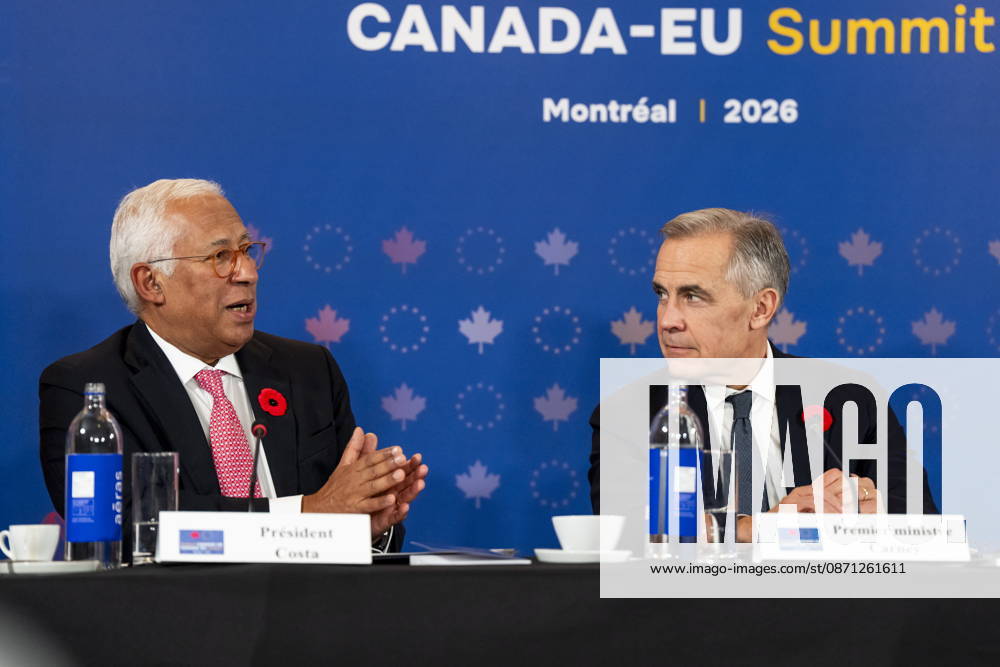 President of the European Council Antonio Costa, left, gives remarks alongside Prime Minister Mark Carney, at a roundtable with business leaders during the Canada-EU Summit, in Montreal, on Thursday, Oct. 29, 2026. Montreal CANADA - ZUMAc35_ 20261029_zaf_c35_123
