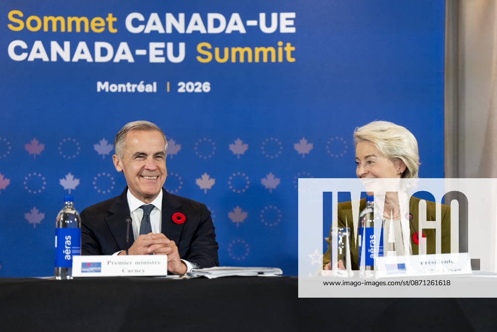 President of the European Commission Ursula von der Leyen, right, gives remarks alongside Prime Minister Mark Carney at a roundtable with business leaders during the Canada-EU Summit, in Montreal, on Thursday, Oct. 29, 2026. Montreal CANADA - ZUMAc35_ 20261029_zaf_c35_125