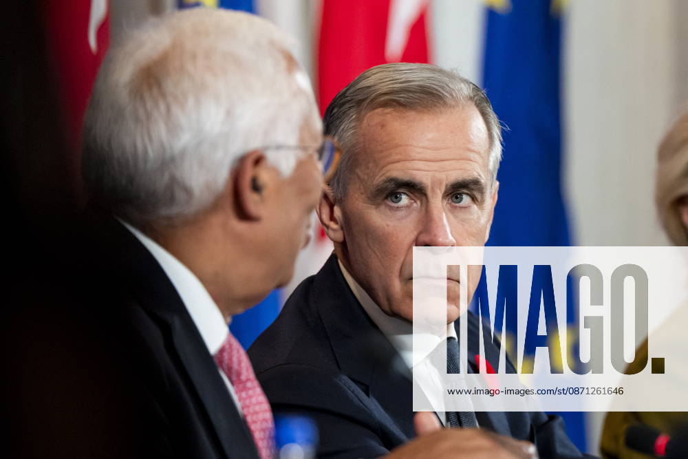 Prime Minister Mark Carney, right, looks on as President of the European Council Antonio Costa, gives remarks at a roundtable with business leaders during the Canada-EU Summit, in Montreal, on Thursday, Oct. 29, 2026. Montreal CANADA - ZUMAc35_ 20261029_zaf_c35_128